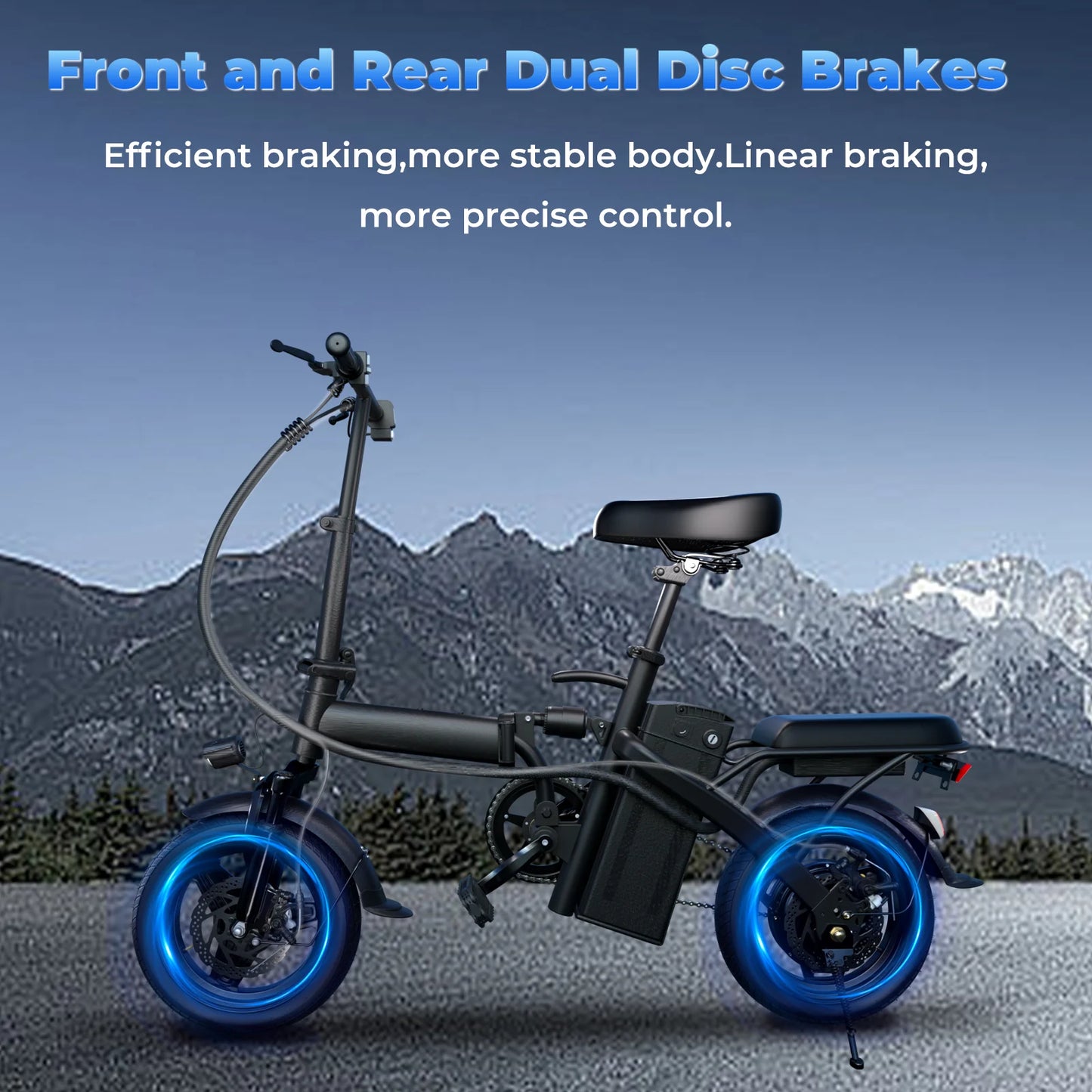Electric scooter with blue wheels on a mountainous background, featuring text about brakes. | Origin Zero