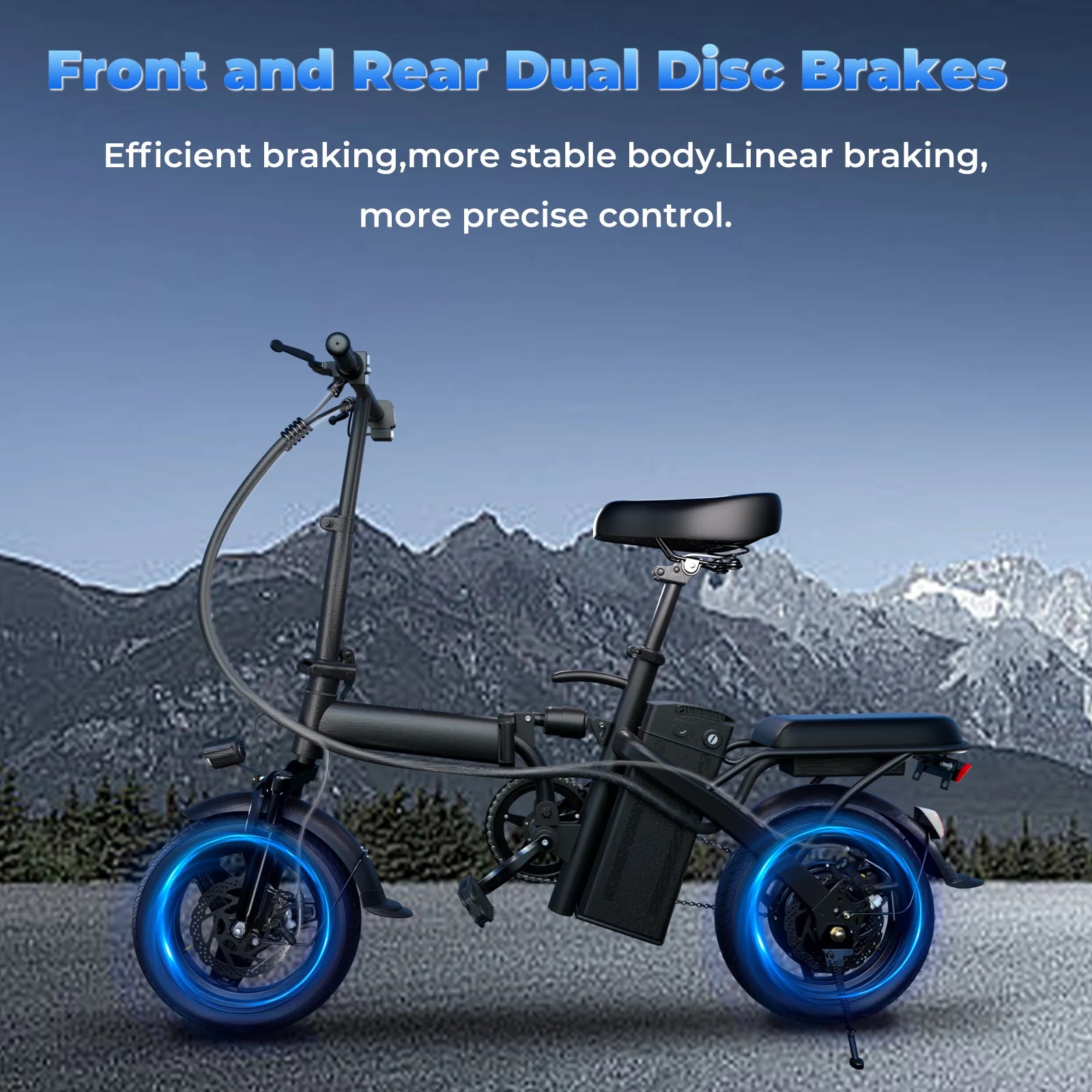 Electric scooter with blue wheels on a mountainous background, featuring text about brakes. | Origin Zero