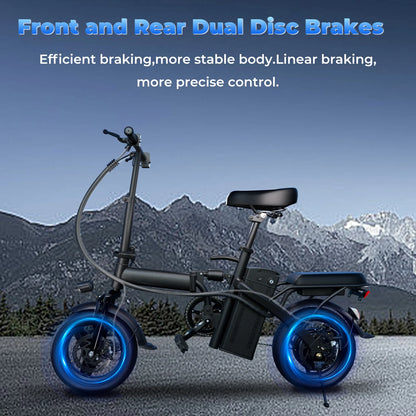 Electric scooter with blue wheels on a mountainous background, featuring text about brakes. | Origin Zero
