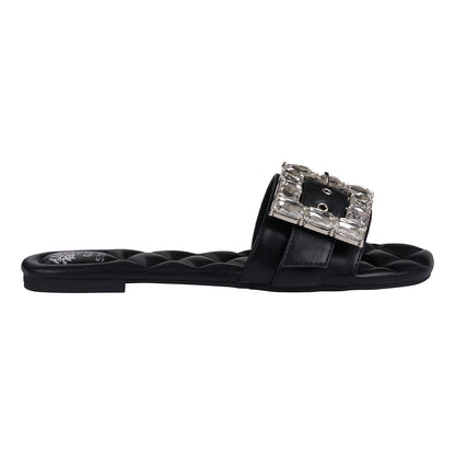 Women's Bianca Black Rhinestone Buckle Flat Sandals
