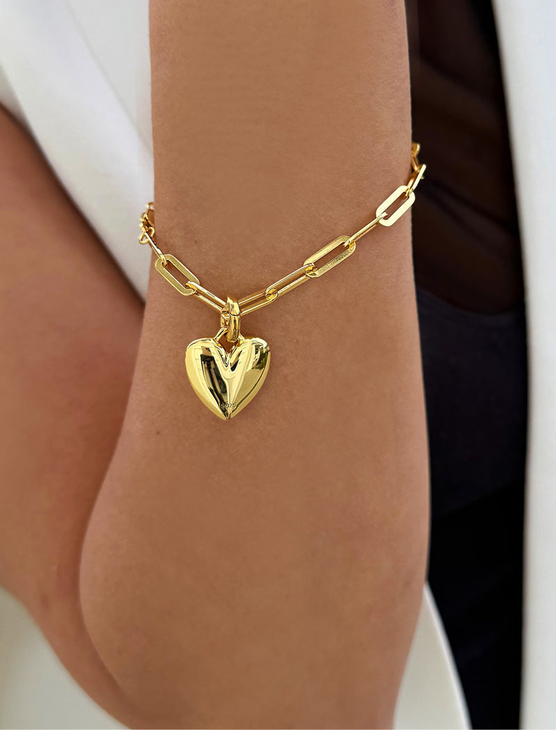 PUFFY HEART Charm Medium Paperclip Chain Bracelet