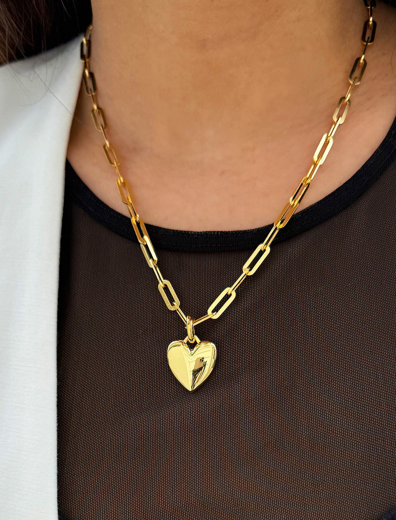 PUFFY HEART Pendant Link Chain Necklace | 18K Gold Vermeil