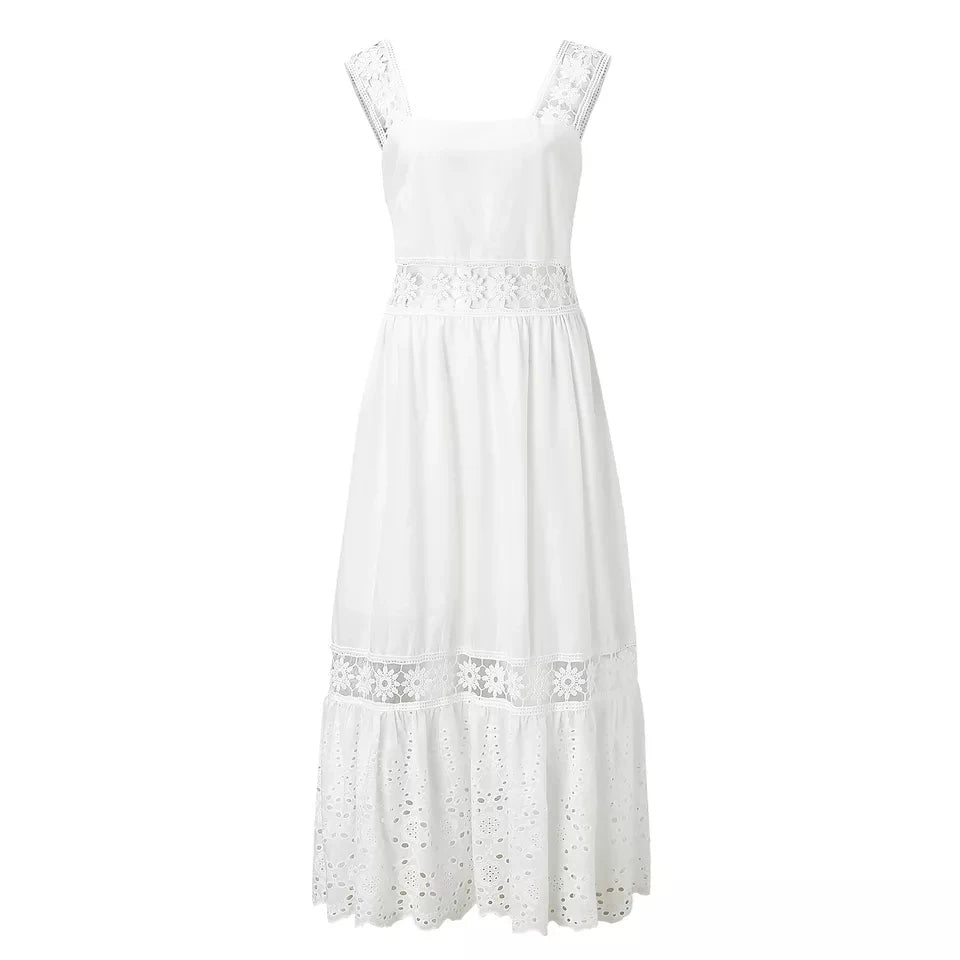 Backless Lace Cotton Women Fashion Sleeveless Bohemian White Dress Ladies Sexy Hollow Out Boho Maxi Sundress Robe
