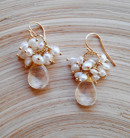 Handmade Seafoam Chalcedony & Seed Pearl Dangle Earrings Gold Earrings with Pearl Clusters Fashion Jewelry Accessory
