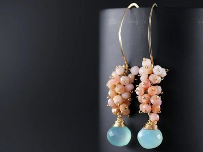 Handmade Seafoam Chalcedony & Seed Pearl Dangle Earrings Gold Earrings with Pearl Clusters Fashion Jewelry Accessory