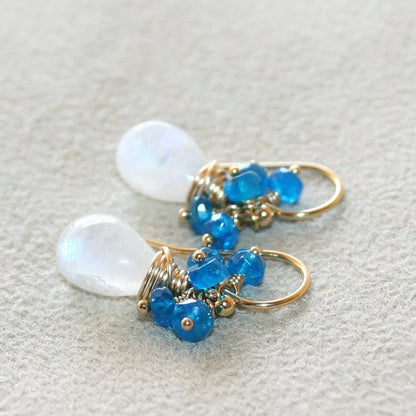 Handmade Seafoam Chalcedony & Seed Pearl Dangle Earrings Gold Earrings with Pearl Clusters Fashion Jewelry Accessory