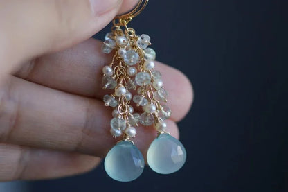 Handmade Seafoam Chalcedony & Seed Pearl Dangle Earrings Gold Earrings with Pearl Clusters Fashion Jewelry Accessory