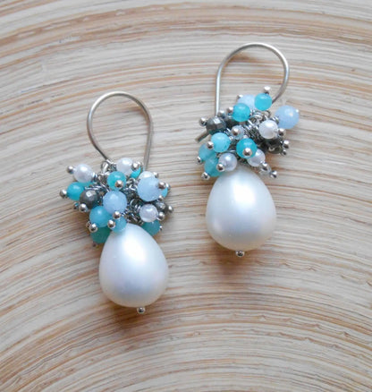 Handmade Seafoam Chalcedony & Seed Pearl Dangle Earrings Gold Earrings with Pearl Clusters Fashion Jewelry Accessory