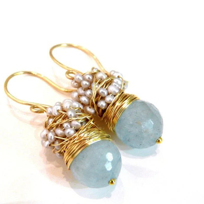 Handmade Seafoam Chalcedony & Seed Pearl Dangle Earrings Gold Earrings with Pearl Clusters Fashion Jewelry Accessory