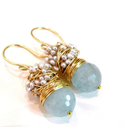 Handmade Seafoam Chalcedony & Seed Pearl Dangle Earrings Gold Earrings with Pearl Clusters Fashion Jewelry Accessory