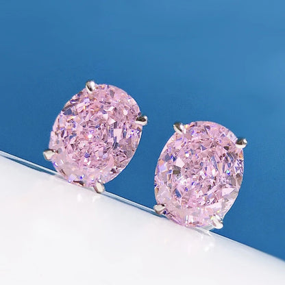925 Sterling Silver High Carbon Diamond Stud Earrings – 8×10mm Oval Gem, Yellow, Pink & White