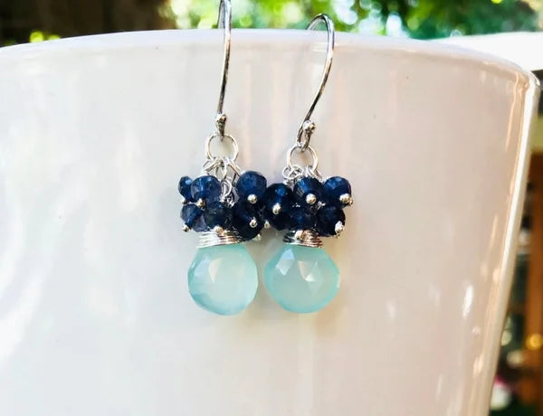 Handmade Seafoam Chalcedony & Seed Pearl Dangle Earrings Gold Earrings with Pearl Clusters Fashion Jewelry Accessory