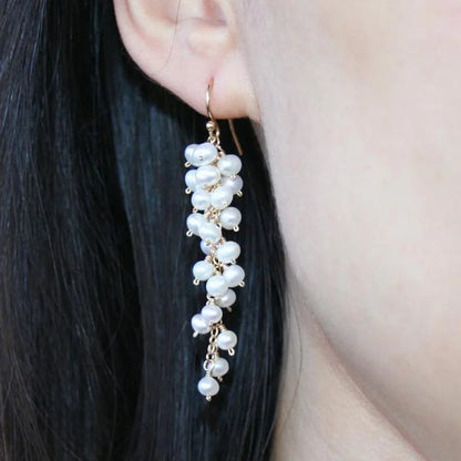Handmade Seafoam Chalcedony & Seed Pearl Dangle Earrings Gold Earrings with Pearl Clusters Fashion Jewelry Accessory