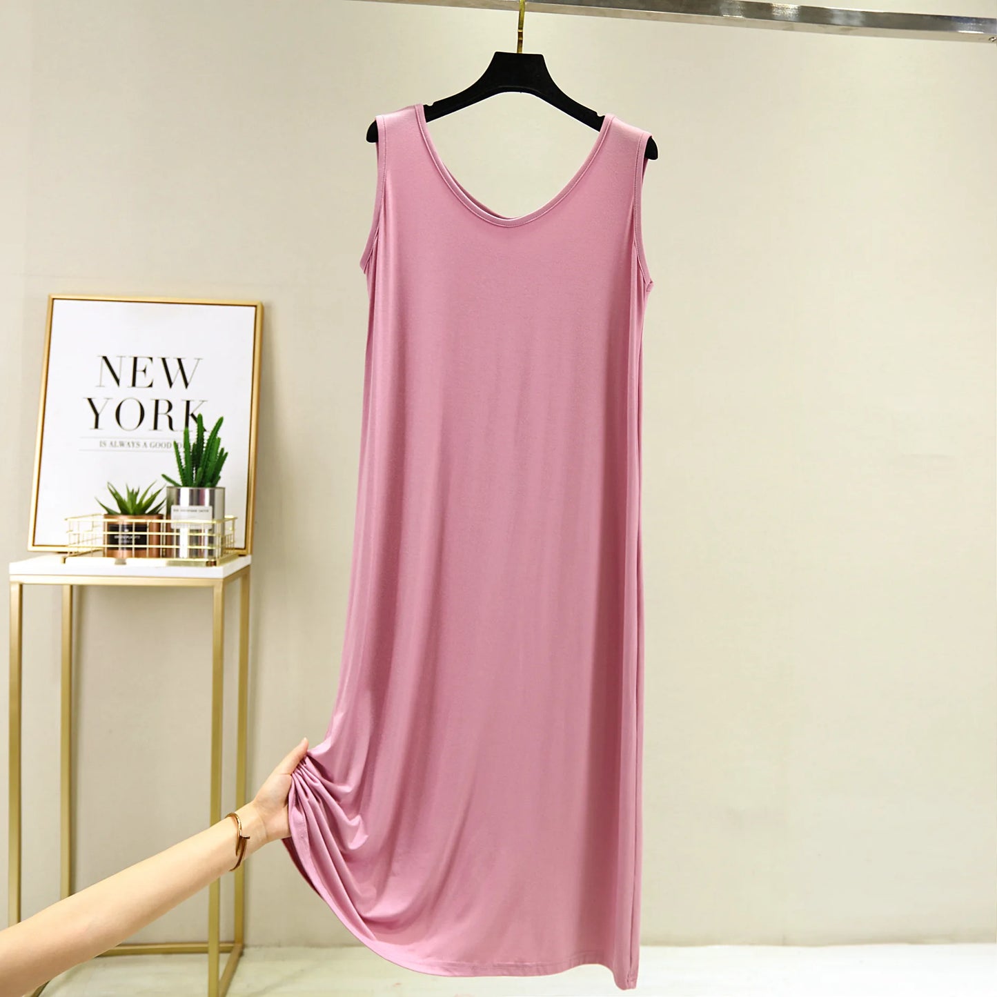Women's Sleeveless Cotton Modal Nightgown – Loose Fit Mid-Calf Sleep Dress, Sizes L–XXL