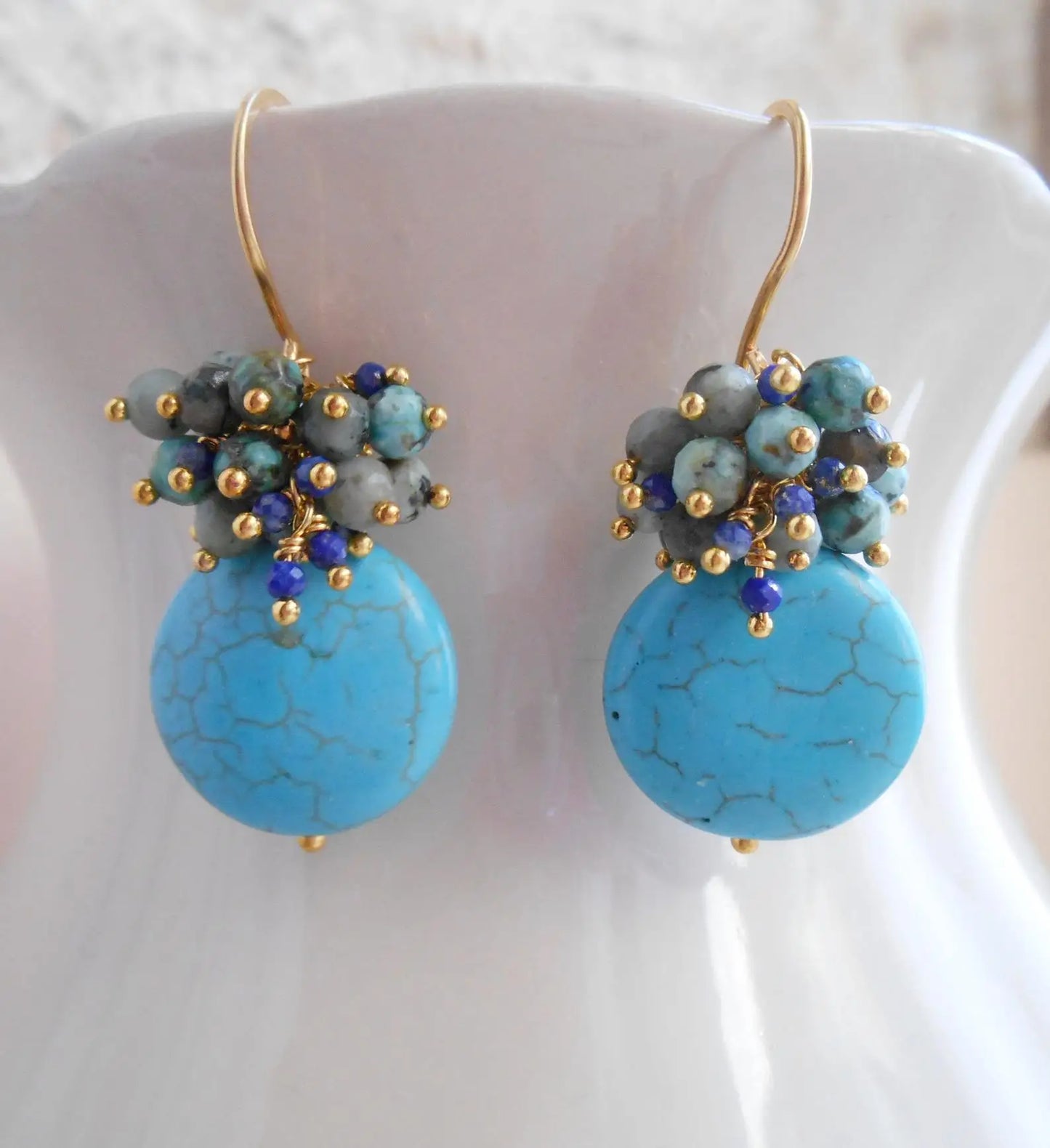 Handmade Seafoam Chalcedony & Seed Pearl Dangle Earrings Gold Earrings with Pearl Clusters Fashion Jewelry Accessory