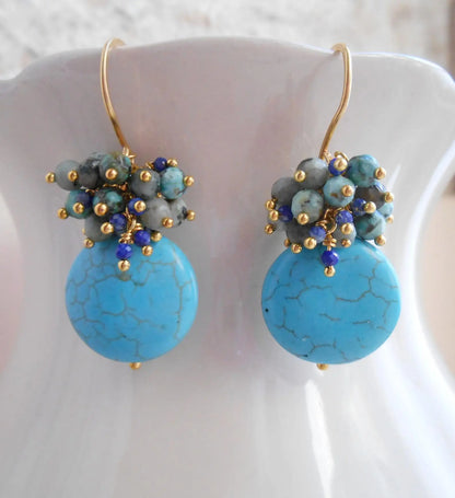 Handmade Seafoam Chalcedony & Seed Pearl Dangle Earrings Gold Earrings with Pearl Clusters Fashion Jewelry Accessory