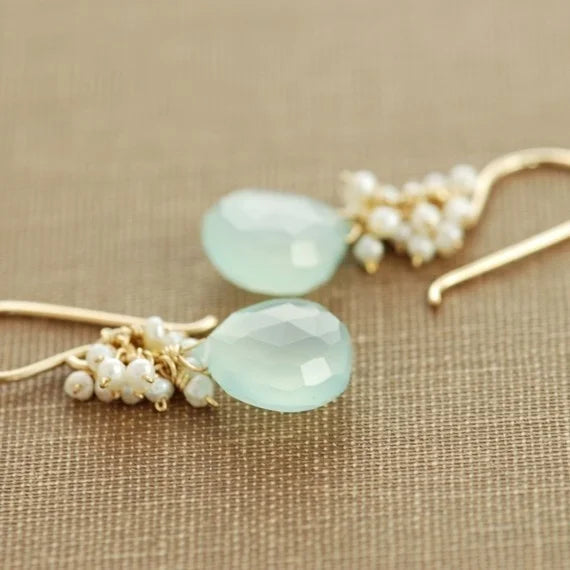 Handmade Seafoam Chalcedony & Seed Pearl Dangle Earrings Gold Earrings with Pearl Clusters Fashion Jewelry Accessory