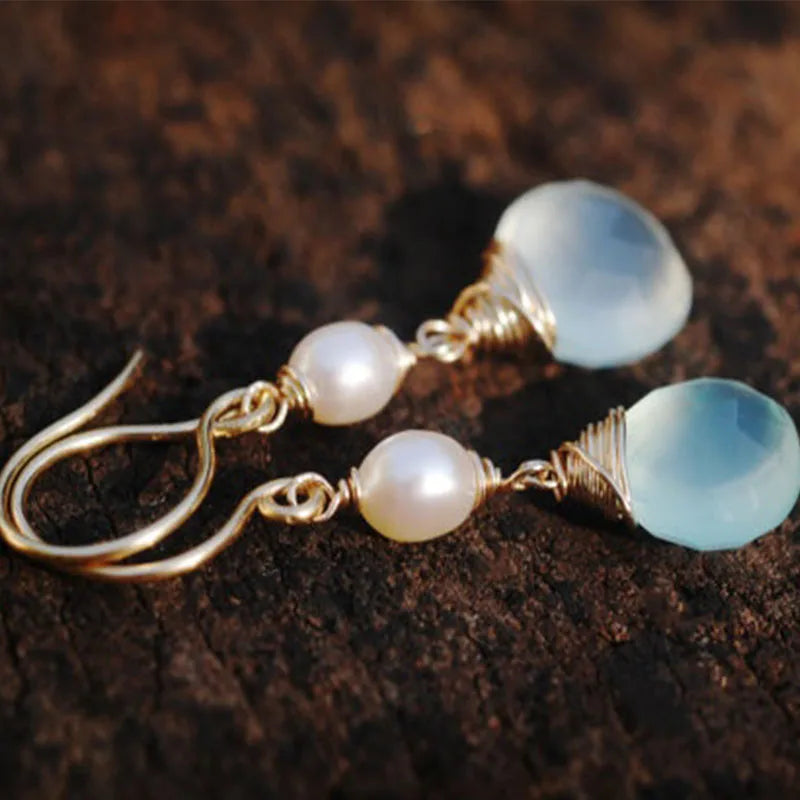 Handmade Seafoam Chalcedony & Seed Pearl Dangle Earrings Gold Earrings with Pearl Clusters Fashion Jewelry Accessory