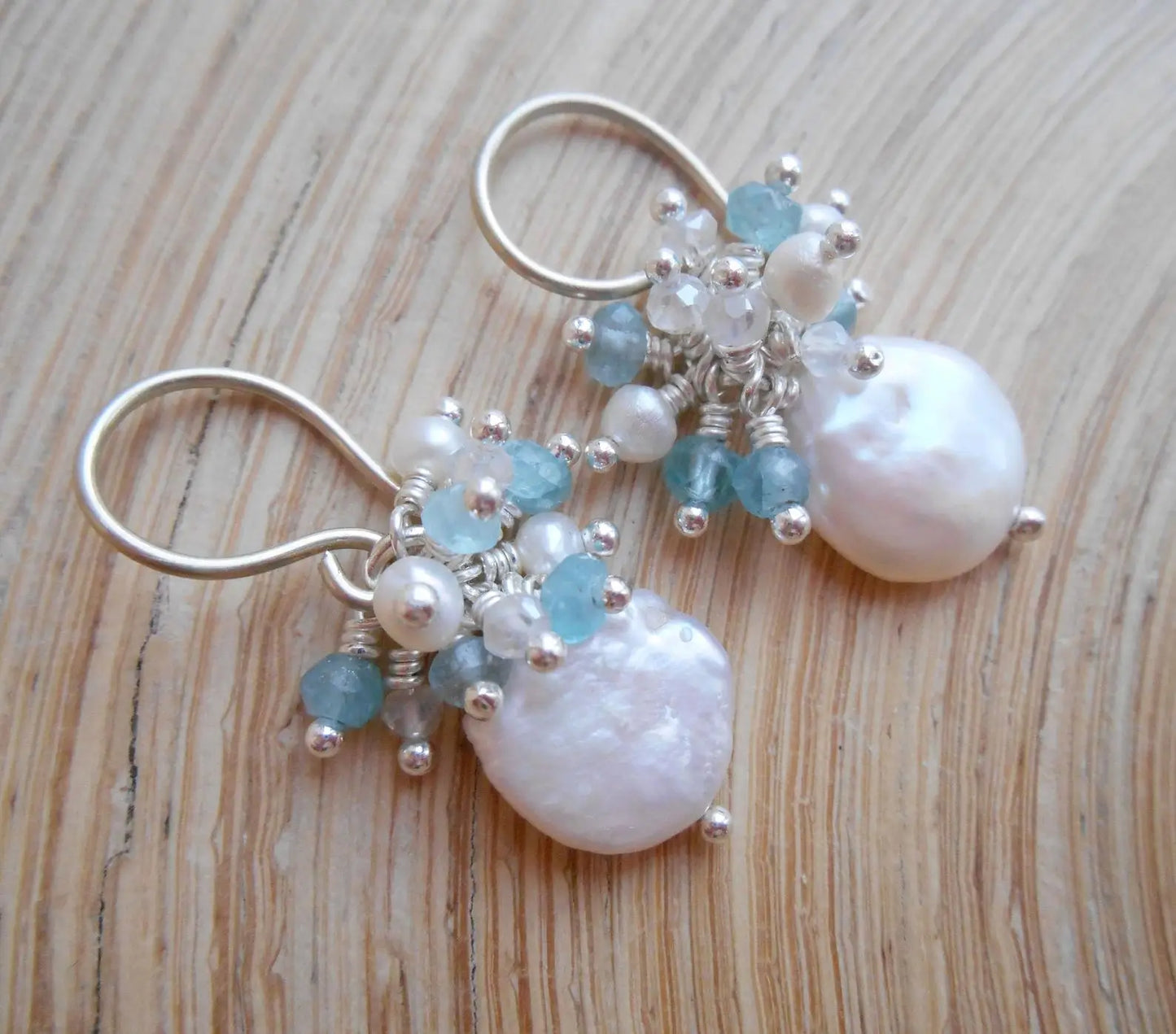 Handmade Seafoam Chalcedony & Seed Pearl Dangle Earrings Gold Earrings with Pearl Clusters Fashion Jewelry Accessory