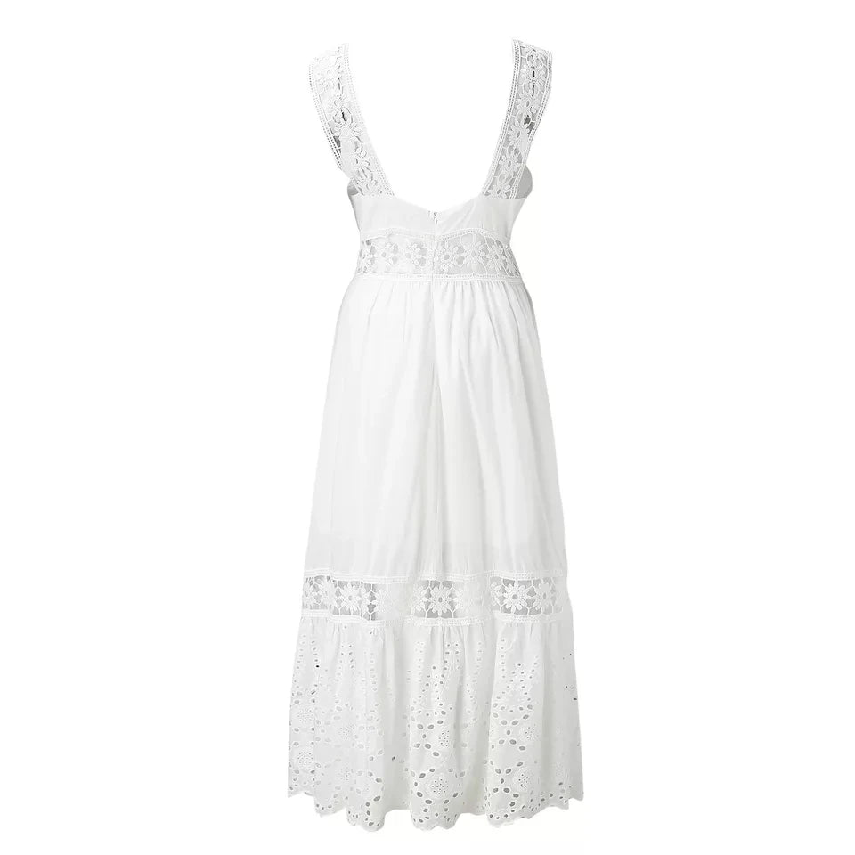 Backless Lace Cotton Women Fashion Sleeveless Bohemian White Dress Ladies Sexy Hollow Out Boho Maxi Sundress Robe