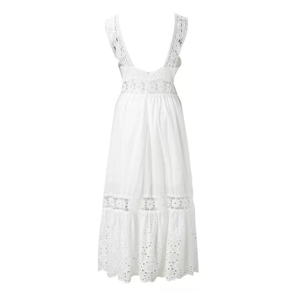 Backless Lace Cotton Women Fashion Sleeveless Bohemian White Dress Ladies Sexy Hollow Out Boho Maxi Sundress Robe
