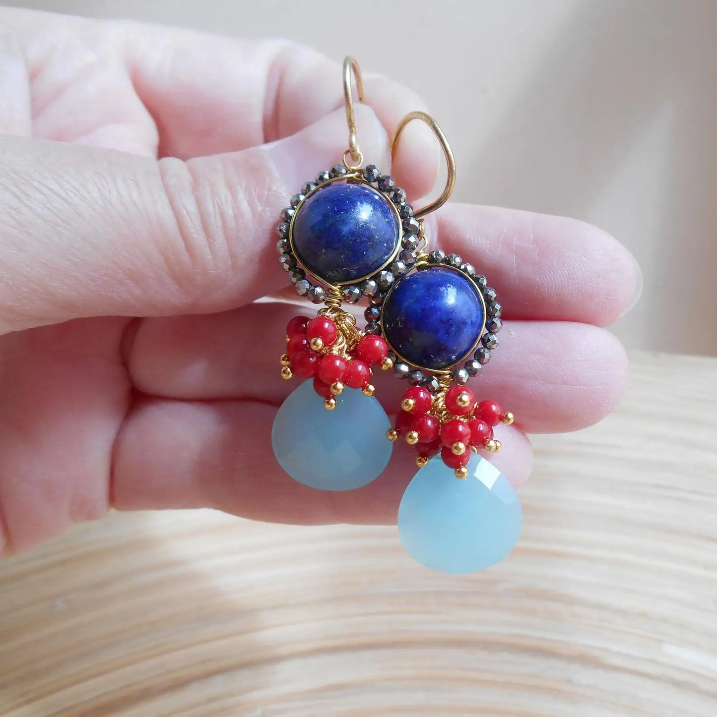 Handmade Seafoam Chalcedony & Seed Pearl Dangle Earrings Gold Earrings with Pearl Clusters Fashion Jewelry Accessory