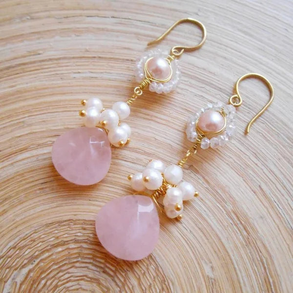Handmade Seafoam Chalcedony & Seed Pearl Dangle Earrings Gold Earrings with Pearl Clusters Fashion Jewelry Accessory