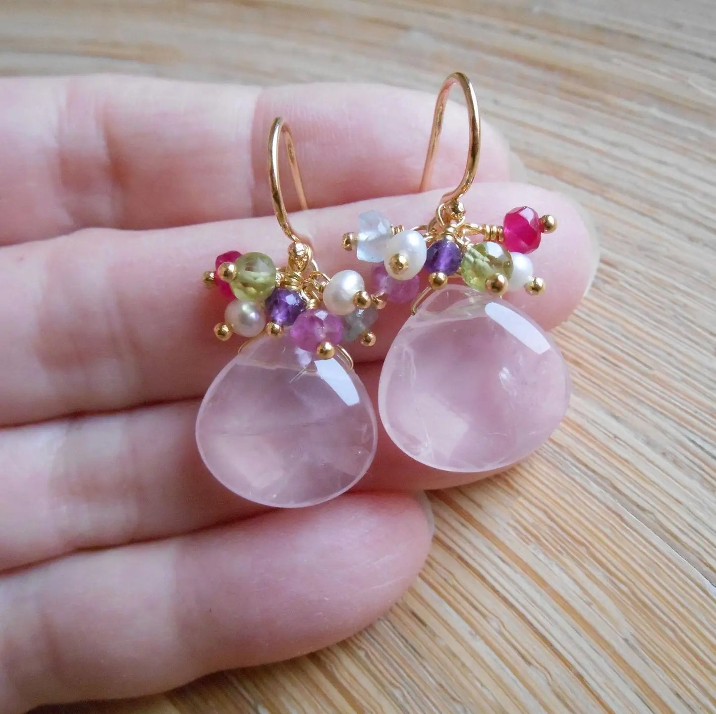 Handmade Seafoam Chalcedony & Seed Pearl Dangle Earrings Gold Earrings with Pearl Clusters Fashion Jewelry Accessory