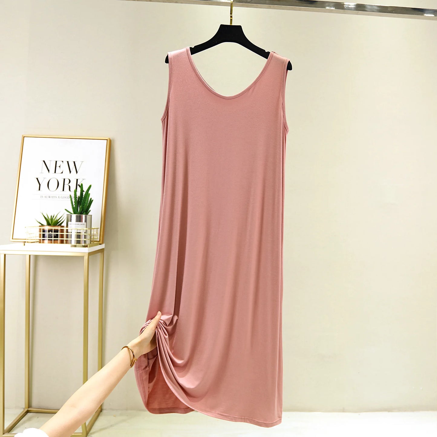Women's Sleeveless Cotton Modal Nightgown – Loose Fit Mid-Calf Sleep Dress, Sizes L–XXL