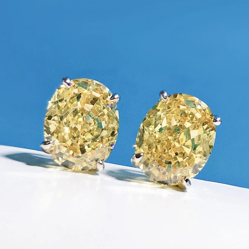 925 Sterling Silver High Carbon Diamond Stud Earrings – 8×10mm Oval Gem, Yellow, Pink & White