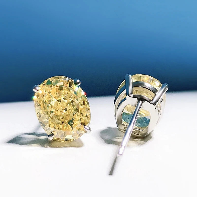 925 Sterling Silver High Carbon Diamond Stud Earrings – 8×10mm Oval Gem, Yellow, Pink & White
