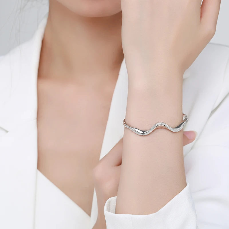 925 Sterling Silver Wave Bracelet | Clear Zircon, Wedding & Engagement Jewelry | Origin Zero