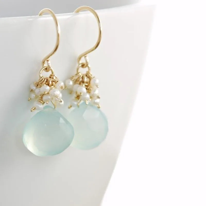 Handmade Seafoam Chalcedony & Seed Pearl Dangle Earrings Gold Earrings with Pearl Clusters Fashion Jewelry Accessory