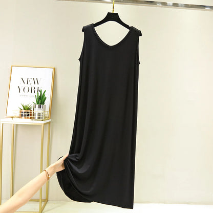 Women's Sleeveless Cotton Modal Nightgown – Loose Fit Mid-Calf Sleep Dress, Sizes L–XXL