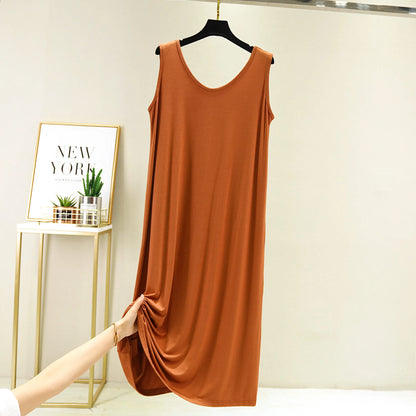 Women's Sleeveless Cotton Modal Nightgown – Loose Fit Mid-Calf Sleep Dress, Sizes L–XXL