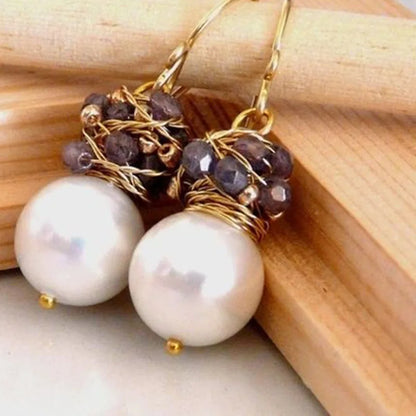 Handmade Seafoam Chalcedony & Seed Pearl Dangle Earrings Gold Earrings with Pearl Clusters Fashion Jewelry Accessory