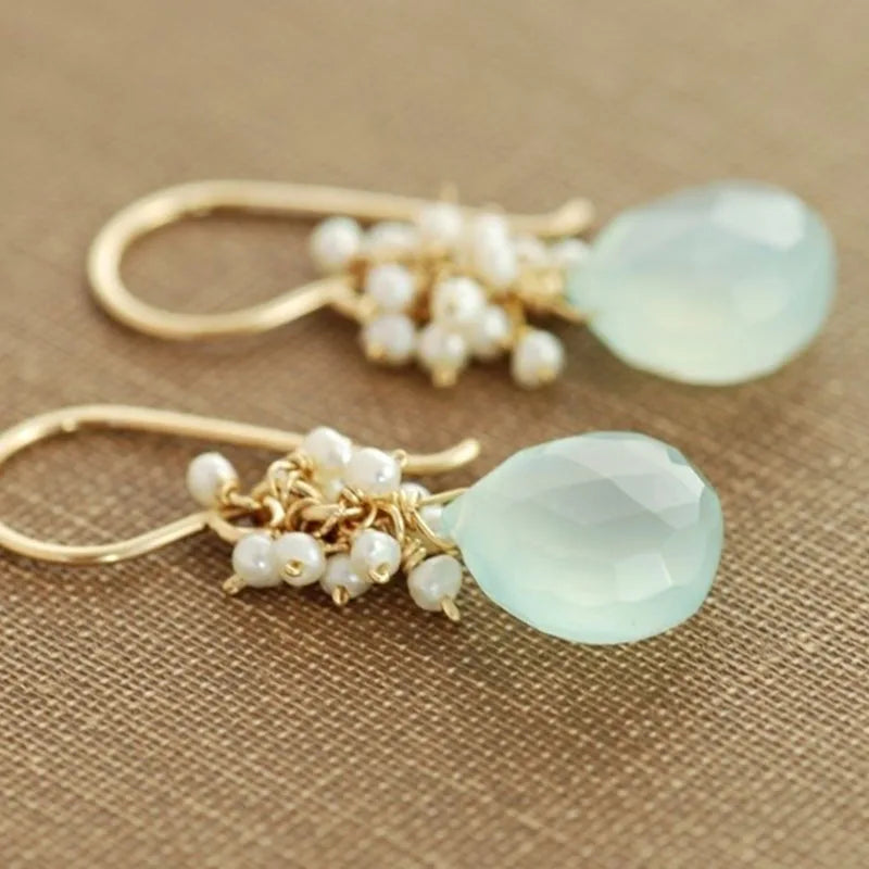 Handmade Seafoam Chalcedony & Seed Pearl Dangle Earrings Gold Earrings with Pearl Clusters Fashion Jewelry Accessory