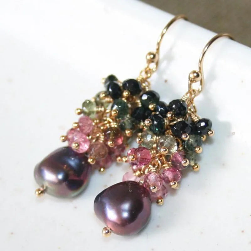 Handmade Seafoam Chalcedony & Seed Pearl Dangle Earrings Gold Earrings with Pearl Clusters Fashion Jewelry Accessory