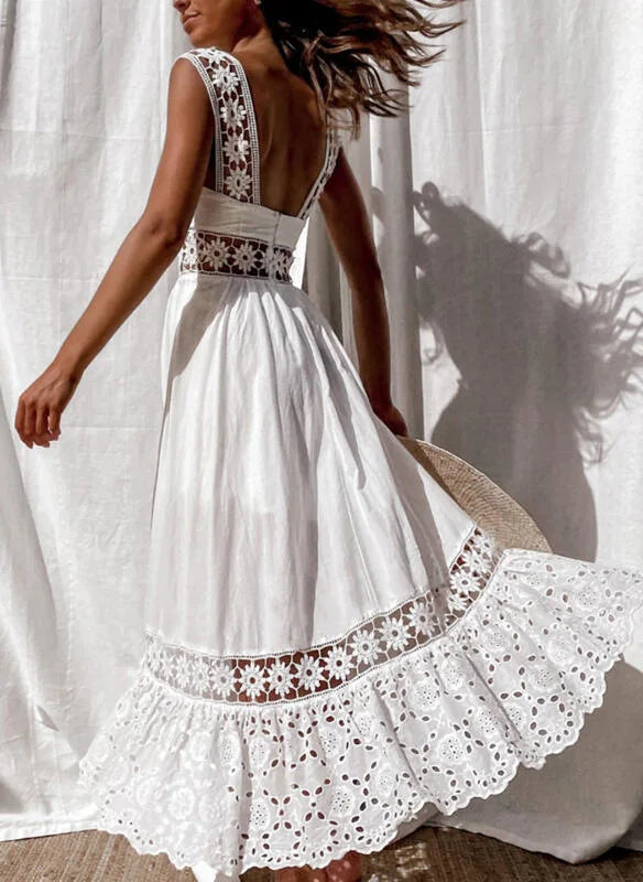 Backless Lace Cotton Women Fashion Sleeveless Bohemian White Dress Ladies Sexy Hollow Out Boho Maxi Sundress Robe