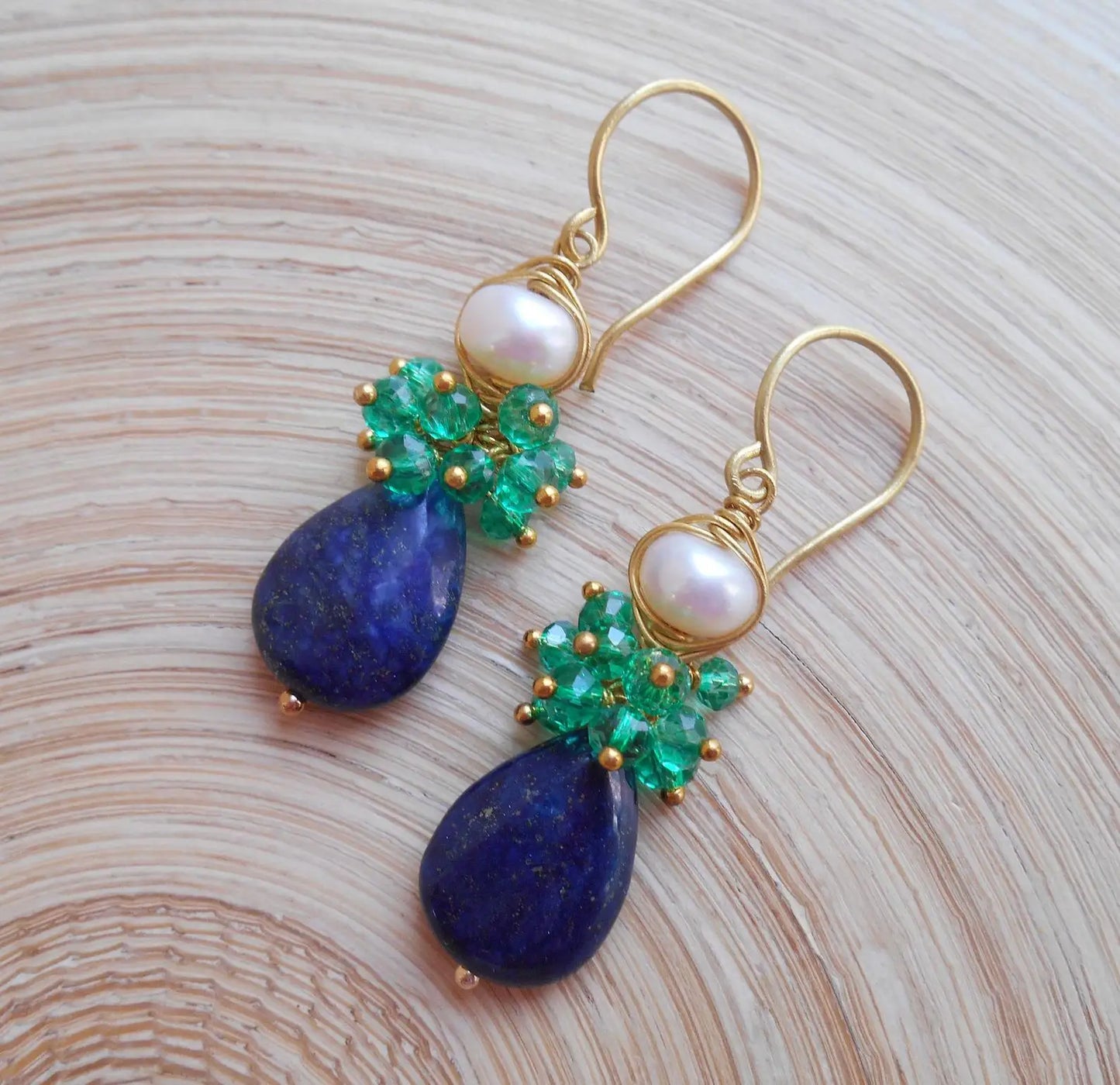 Handmade Seafoam Chalcedony & Seed Pearl Dangle Earrings Gold Earrings with Pearl Clusters Fashion Jewelry Accessory