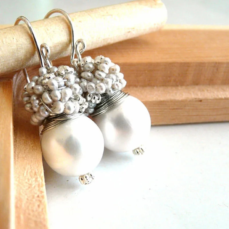 Handmade Seafoam Chalcedony & Seed Pearl Dangle Earrings Gold Earrings with Pearl Clusters Fashion Jewelry Accessory