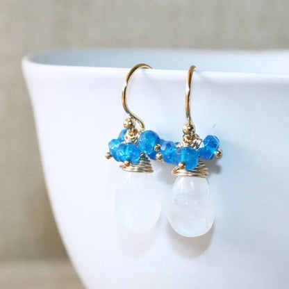 Handmade Seafoam Chalcedony & Seed Pearl Dangle Earrings Gold Earrings with Pearl Clusters Fashion Jewelry Accessory