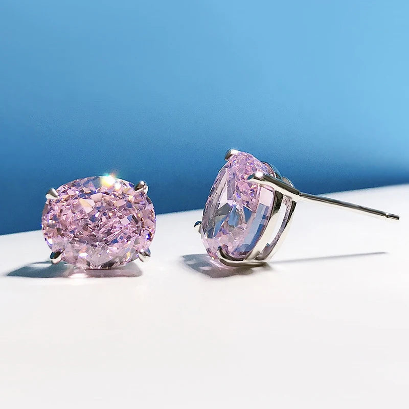 925 Sterling Silver High Carbon Diamond Stud Earrings – 8×10mm Oval Gem, Yellow, Pink & White
