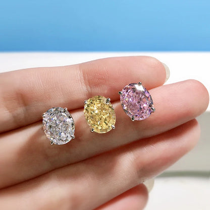 925 Sterling Silver High Carbon Diamond Stud Earrings – 8×10mm Oval Gem, Yellow, Pink & White