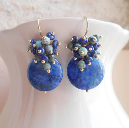 Handmade Seafoam Chalcedony & Seed Pearl Dangle Earrings Gold Earrings with Pearl Clusters Fashion Jewelry Accessory