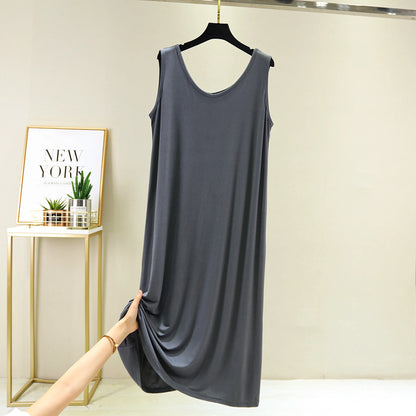 Women's Sleeveless Cotton Modal Nightgown – Loose Fit Mid-Calf Sleep Dress, Sizes L–XXL