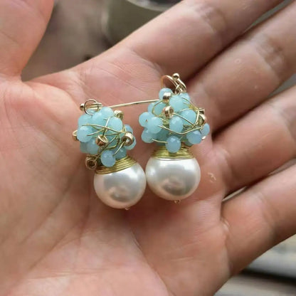 Handmade Seafoam Chalcedony & Seed Pearl Dangle Earrings Gold Earrings with Pearl Clusters Fashion Jewelry Accessory