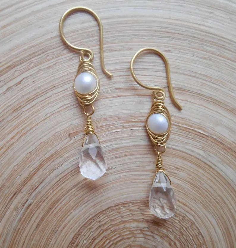 Handmade Seafoam Chalcedony & Seed Pearl Dangle Earrings Gold Earrings with Pearl Clusters Fashion Jewelry Accessory