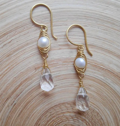 Handmade Seafoam Chalcedony & Seed Pearl Dangle Earrings Gold Earrings with Pearl Clusters Fashion Jewelry Accessory