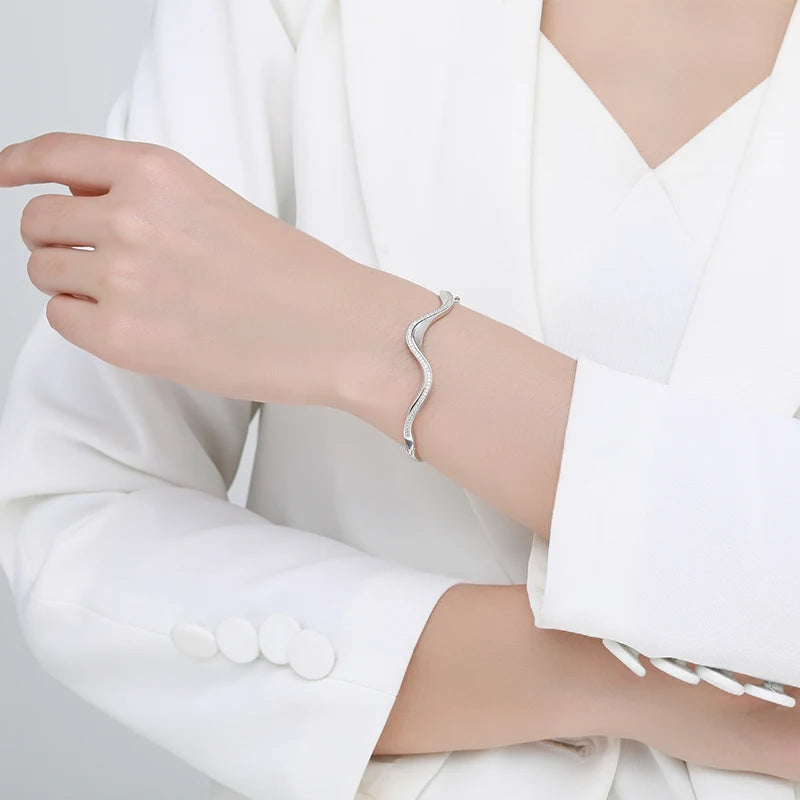 925 Sterling Silver Wave Bracelet | Clear Zircon, Wedding & Engagement Jewelry | Origin Zero